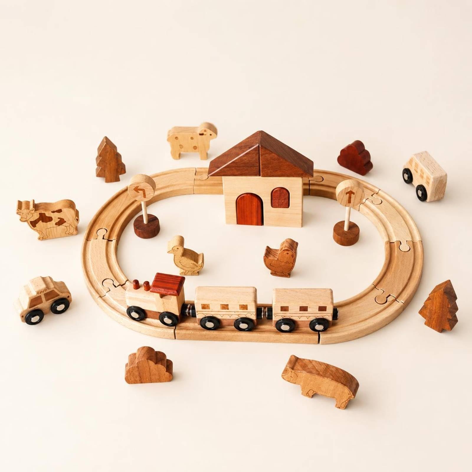 kowaku Set Ferroviario Legno Colori Rosso Marrone e Beige Pezzi Ad Incastro Trenino Giocattolo in Legno per Bambini
