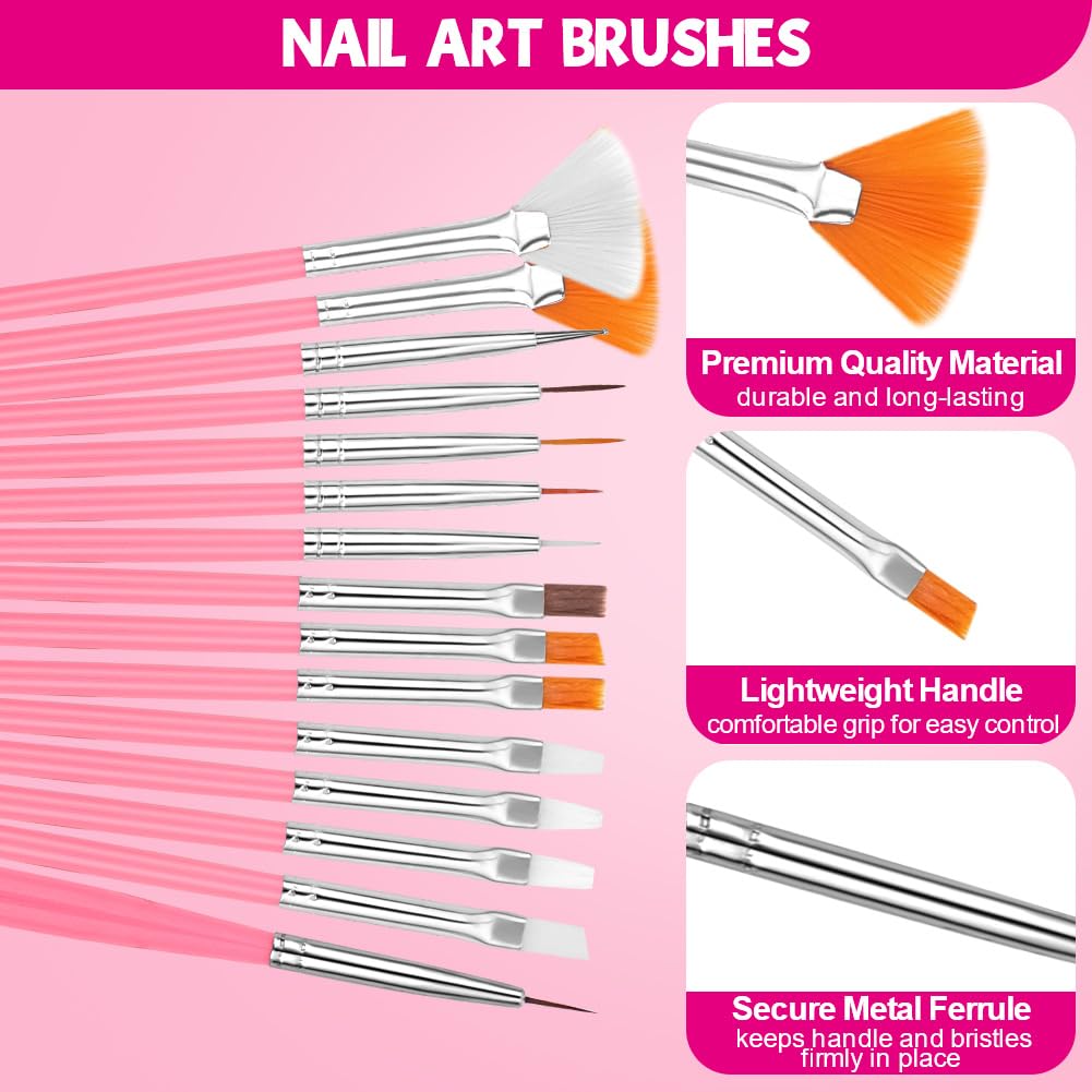 Zestaw pędzli do zdobienia paznokci, akcesoria dekoracyjne do nail art, pędzle do paznokci, kamienie stras, brokat, złota folia, wzór do paznokci, Dotted Pen, taśma w paski do manicure, pędzel