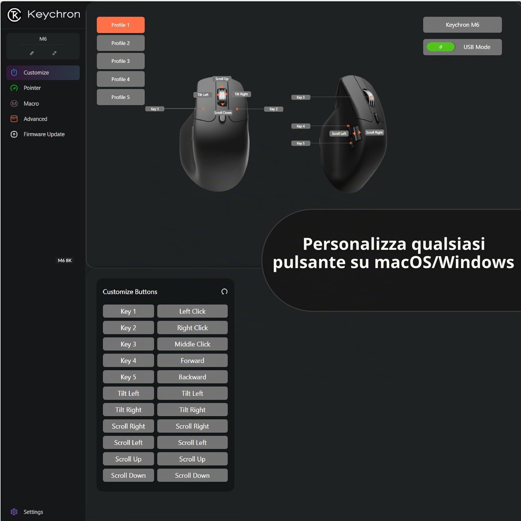 Keychron Mouse da gioco wireless M6 8K, 2.4G/Bluetooth/Wired, sensore PixArt 3950, polling 8000Hz, clic silenziosi, 5 profili di memoria integrati per Plug & Play, programmabile per Mac/Win/Linux