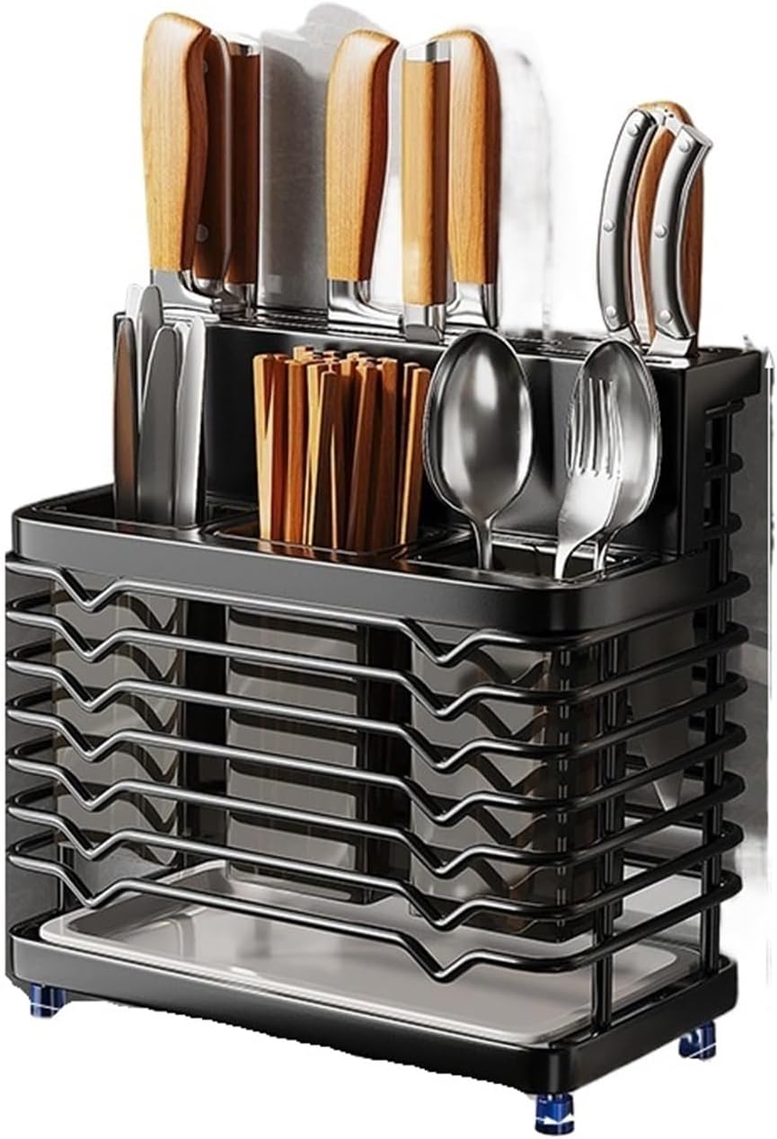 Kitchen Knife Holders Storage Rack Household Stainless Stee Countertop Spoon Chopstick Holder(3Cups Black B)
