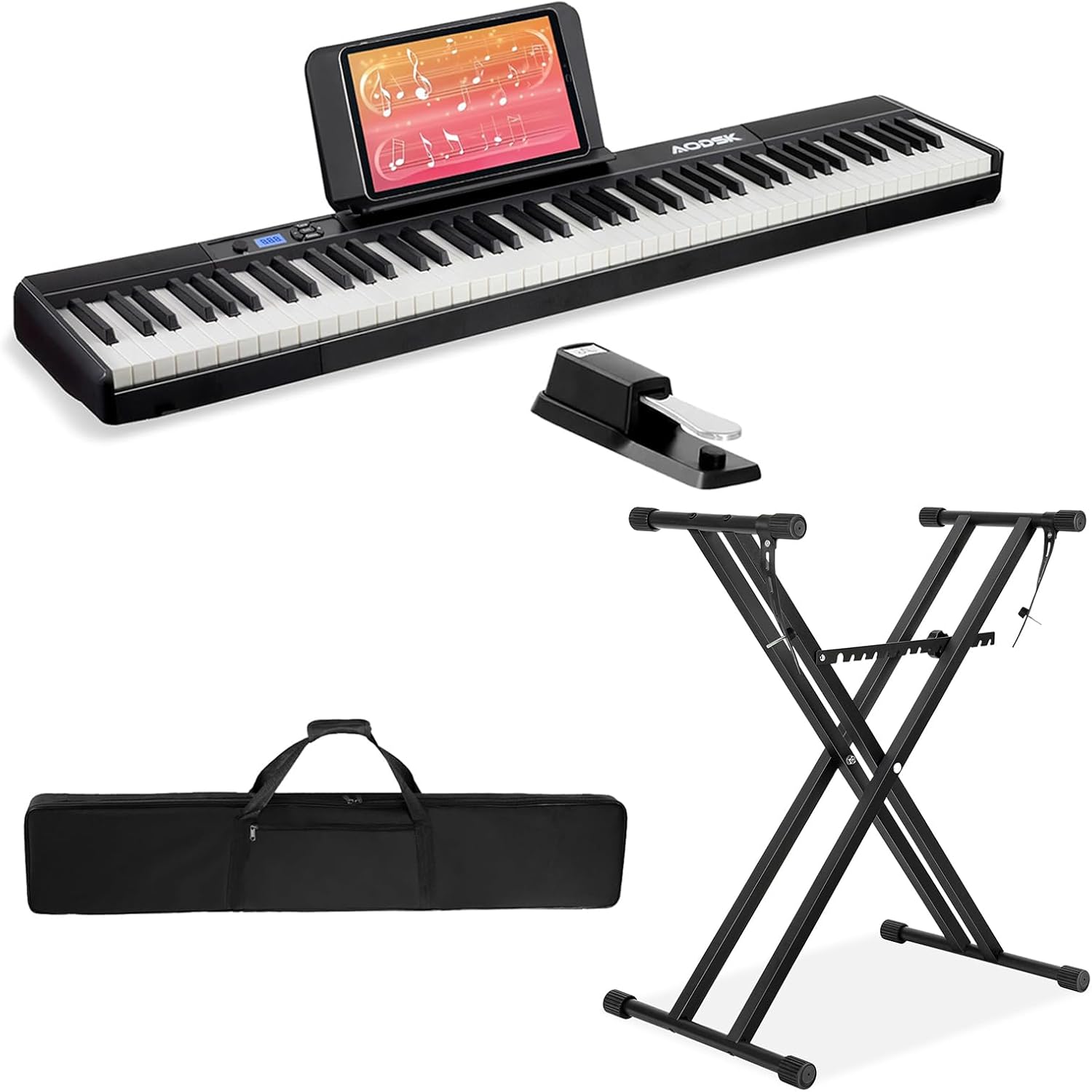 Aodsk 88 Key Digital Piano Bundle with Double X Keyboard Stand - Complete Piano Setup for Beginners, Portable Electric Piano with Stand, Sustain Pedal, Carrying Case & Online Lessons