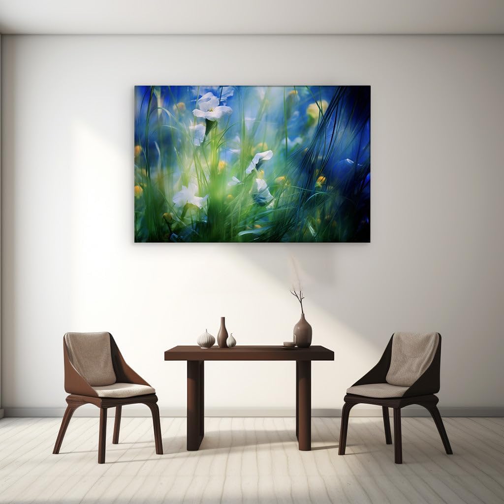 Canvas for Living room. A Meadow Dreamscape: Where White Blossoms Dance Amidst Whispers of Green, 27 x 18 inch Canvas Wall Art - Contemporary Masterpieces - Inspirational Office Decor