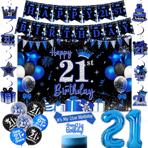 Décorations 21e anniversaire noir et bleu avec kit de ballons et banderole joyeux anniversaire