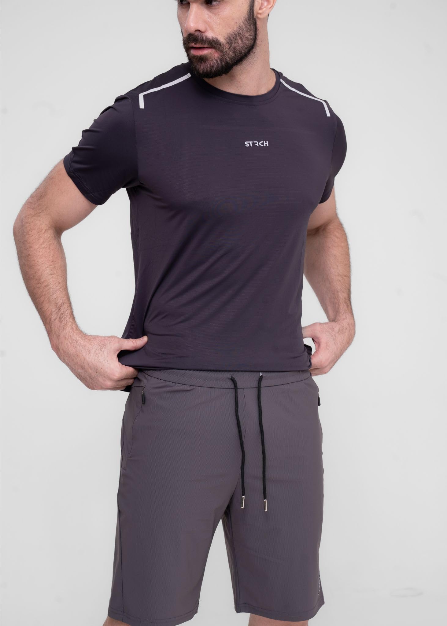 STRCH Men's Sports Shorts | Regular Fit Activewear Shorts | Nylon Stretch Gym, Running & Training | Mid Rise Drawstring Waist | Above Knee Workout Short | Dark Grey 3