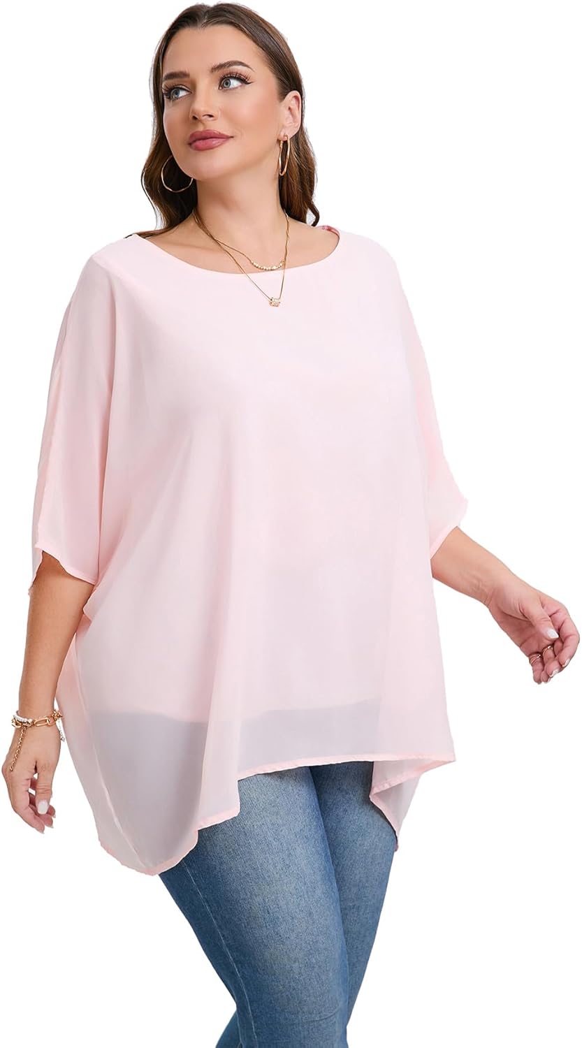 Womens Scoop Neck Plus Size Elegant Summer Cape Blouse 3/4 Batwing Sleeve Double Layered Long Loose Oversized Dressy Chiffon Shirts Tunic Tops for Work(Pink,4X) - Image 3