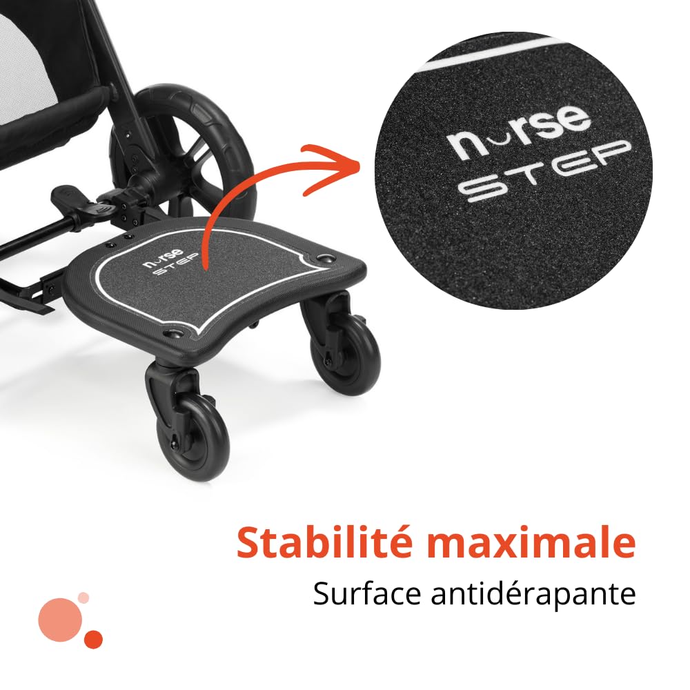 Nurse Step Plateforme Universelle pour Poussette, jusqu’à 20 kg, Installation Facile, Pliable, Antidérapante, Roues à 360°, Noir