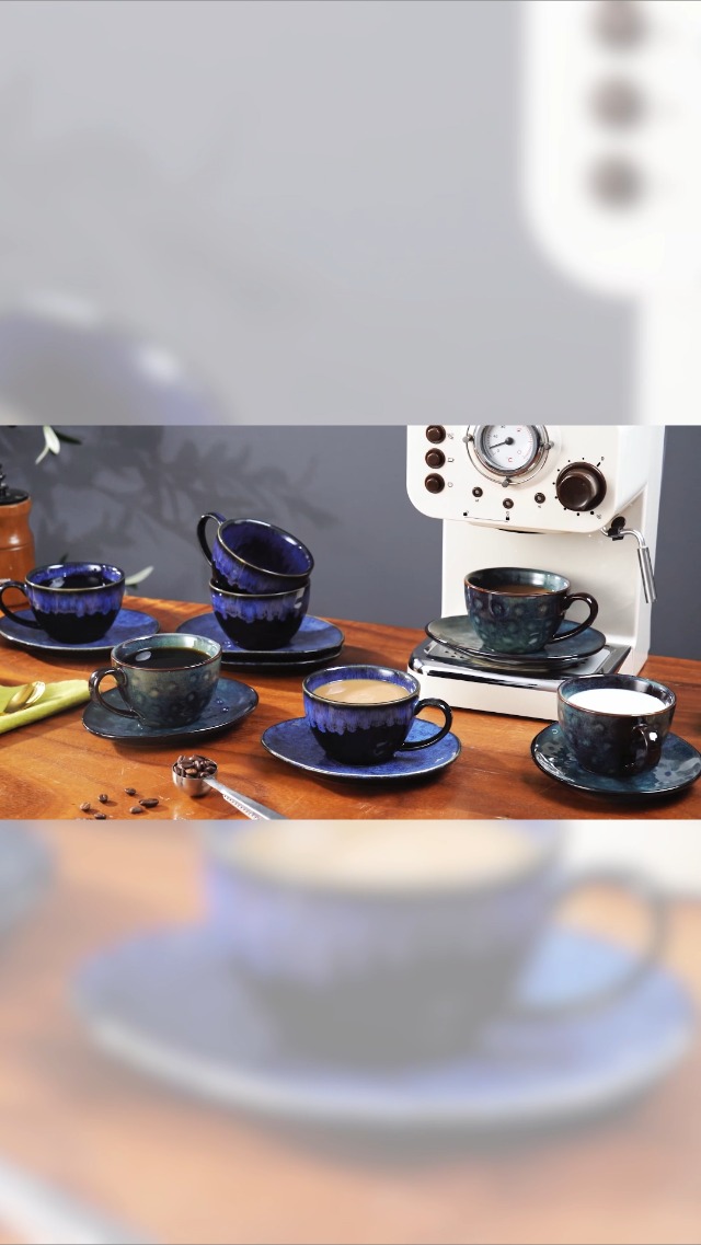 vancasso Starry Cup and Saucer Set with 21.5 cm Dessert Plates, Ceramic Afternoon Tea Set for 4 People, 270 ml Coffee Cup for Espresso, Cappuccino and All Kinds of Drinks