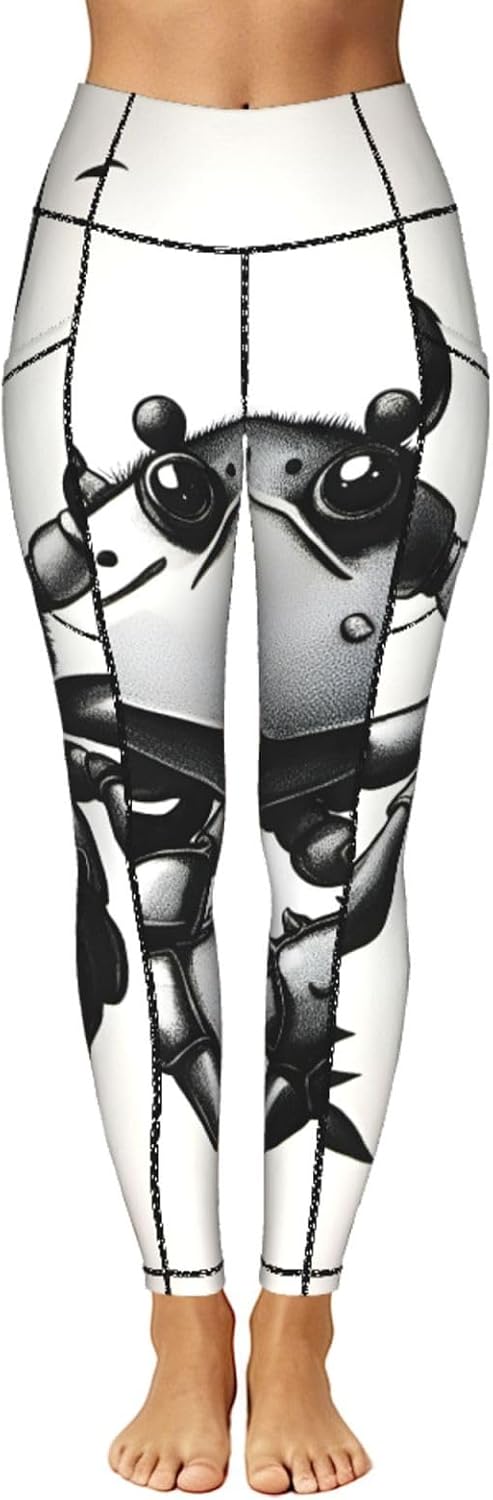 Cartoon Crab Print Leggings with Pockets,High Waist Tummy Control Pants, Workout Sets for Women