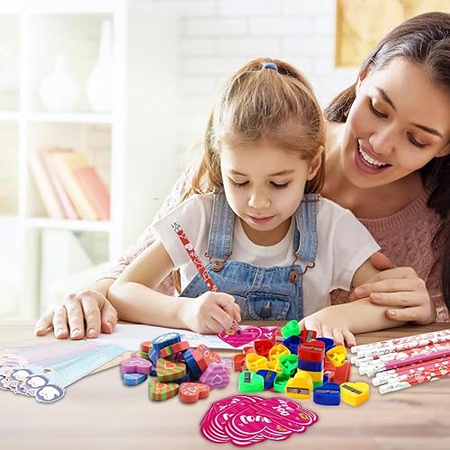 Miniatura 6 de DINESIL Regalos para el día de San Valentín para el aula de niños, 28 paquetes de papelería de San Valentín con lápices, borradores, reglas,