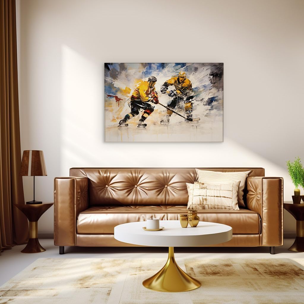Canvas for Living room. Slashing Ice and Striking Colors: The Dynamic Duel of Hockey Players in Abstract Art, 27 x 18 inch Canvas Wall Art - Ready to Hang - 69x46 cm (27x18 inch)