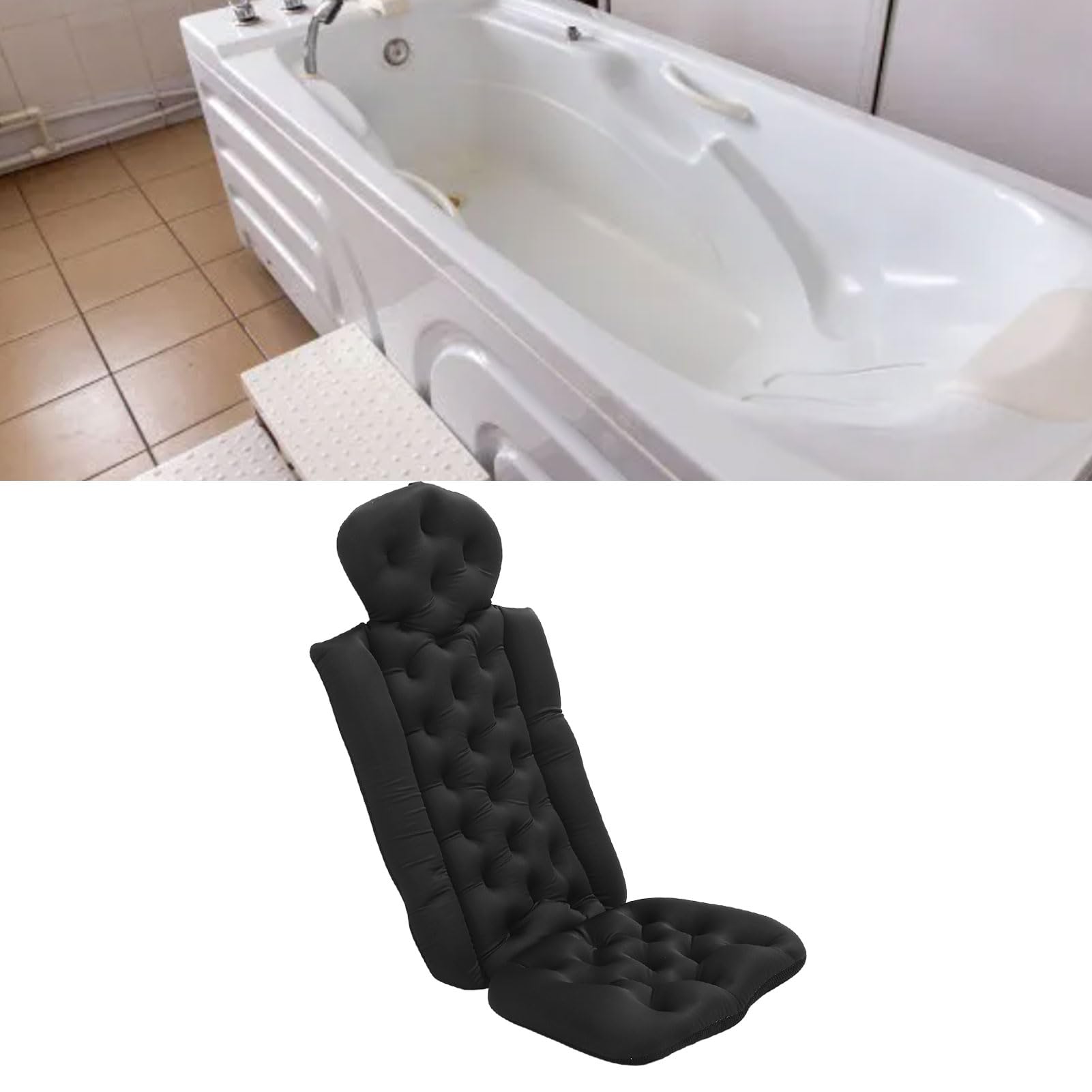 Cojín Antideslizante para Bañera Completa con Diseño Extraíble para una Fácil Limpieza, Soporte Suave para Cabeza, Cuello y Hombros, Multiusos como Almohada de SPA para Piscina (Negra)