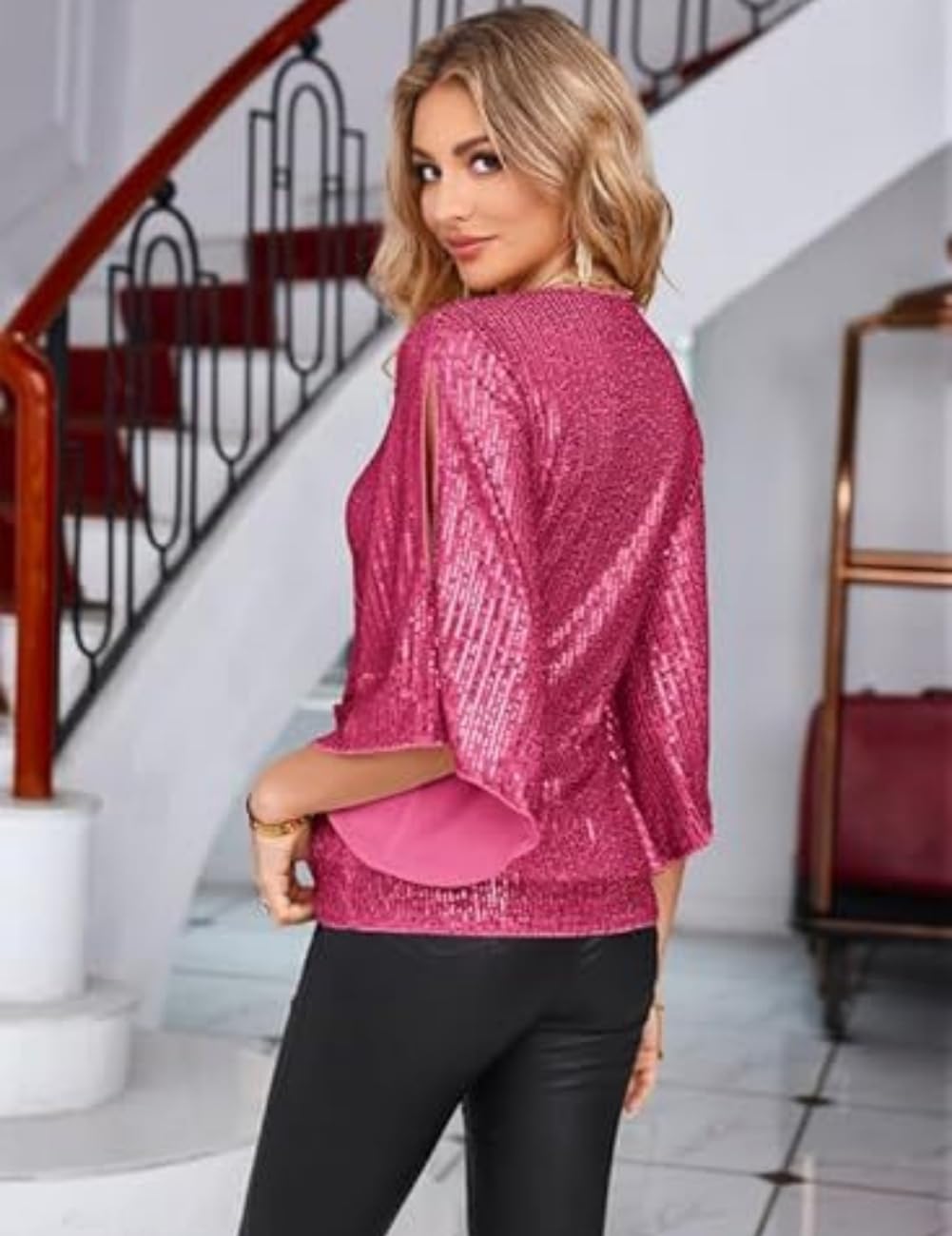 Camicetta elegante da donna con maniche a 3/4, con scollo a V, con paillettes glitterate, per feste e serate, Rosso rosato, XXL