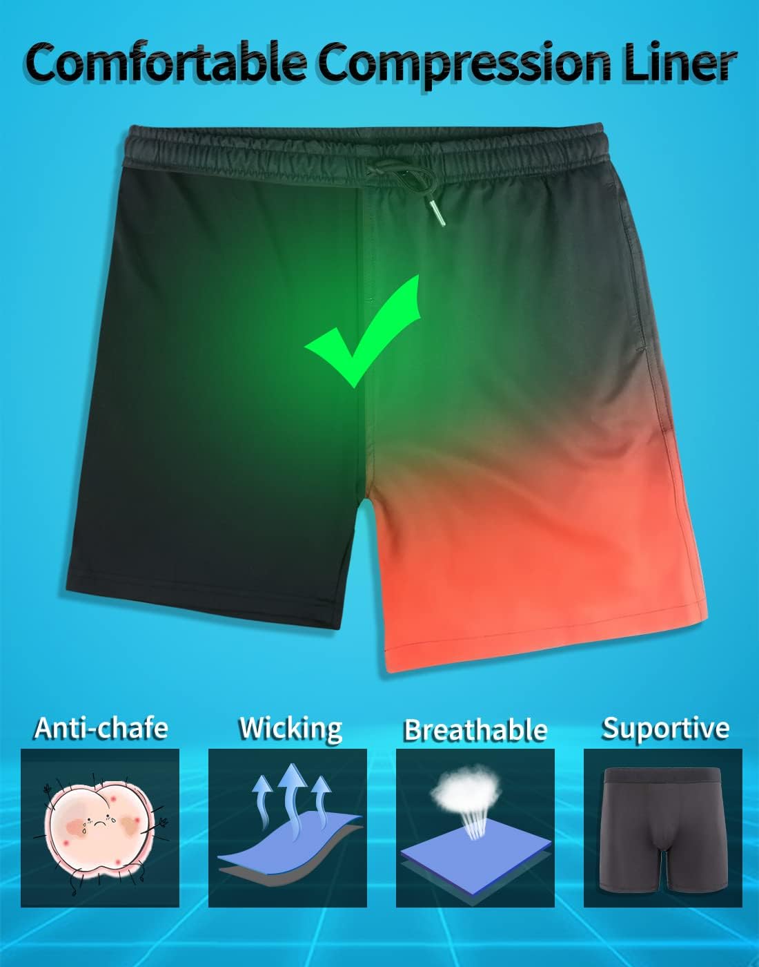 Mens Swim Trunks with Compression Liner Anti Chafe Quick Dry UPF 50+ Swimming Shorts 5" 7" Inseam Bathing Suit