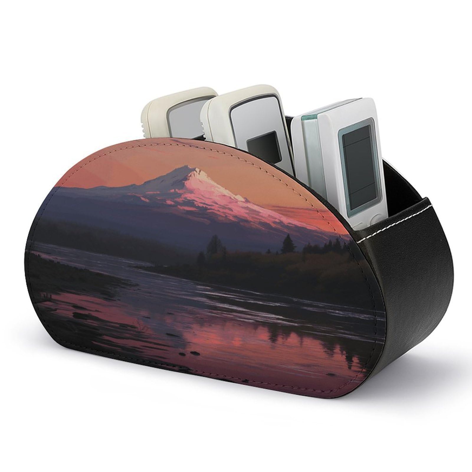 LZQPOEAS Sunset Landscape Mountains Lake Remote Control Holder with 5 Compartments PU Leather Remote Organizer Box Caddy for Table Nightstand Remote Caddy Desktop Organizer Fits Media Controllers