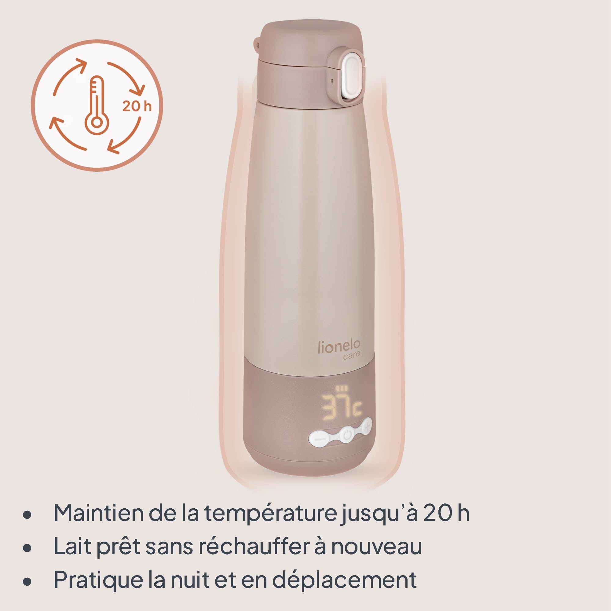 Lionelo Thermup Bottle Chauffe-Biberon Sans Fil 350 ml, Thermos Portable | 150 ml chauffés de 20 à 37°C en 3,5 min, 5 températures 37–55 °C, maintien au chaud jusqu’à 20 h, fermeture étanche, léger