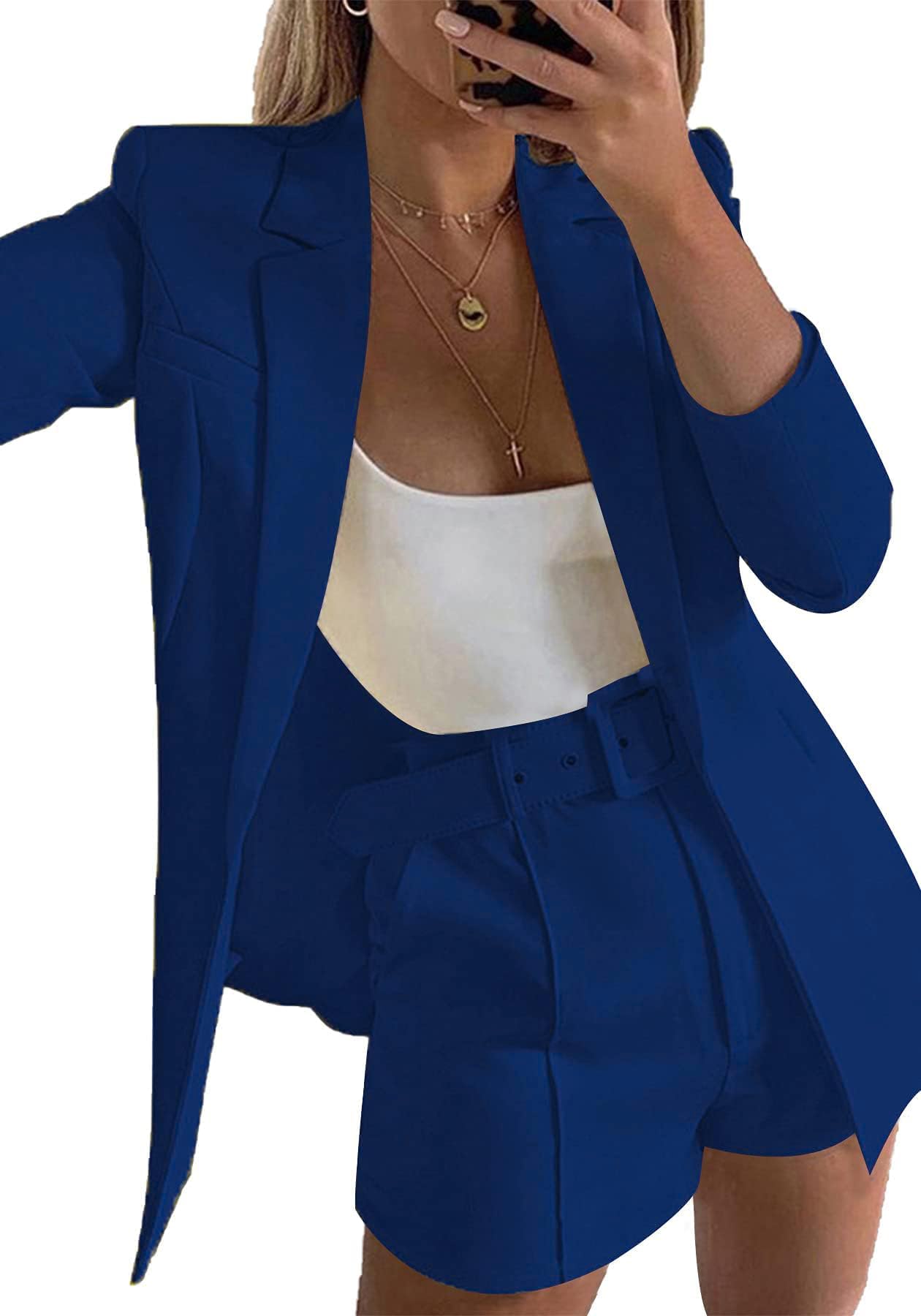Photo 1 of 2 Piece Suits for Women Long Sleeve Solid Open Front Blazer Shorts with Belt Casual Elegant Business Suit Set Navy size M
