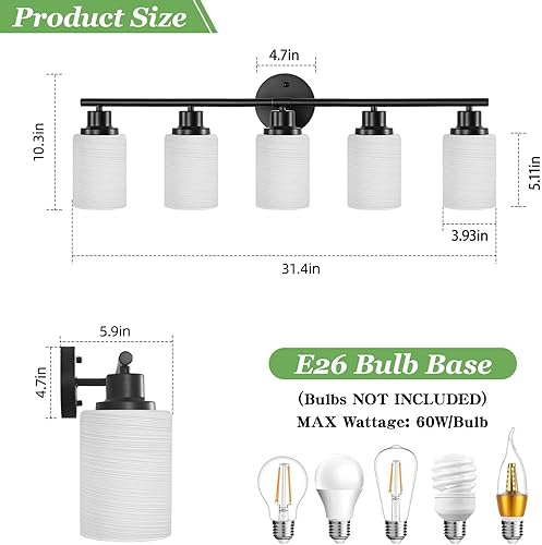 Miniatura 2 de Lámparas de baño de 5 luces, base E26, luces de tocador para espejo con pantalla de vidrio blanco lechoso texturizado, lámparas modernas de cocina,