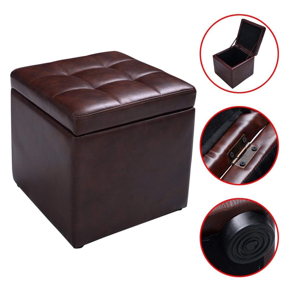 COSTWAY Baul Almacenaje Dormitorio, Puff Almacenaje Plegable 40x40x40cm, Puff Banco con Almacenaje con Capacidad de 300 kg, Reposapiés Sofa para Sala de Estar, Dormitorio, Entrada, Marrón