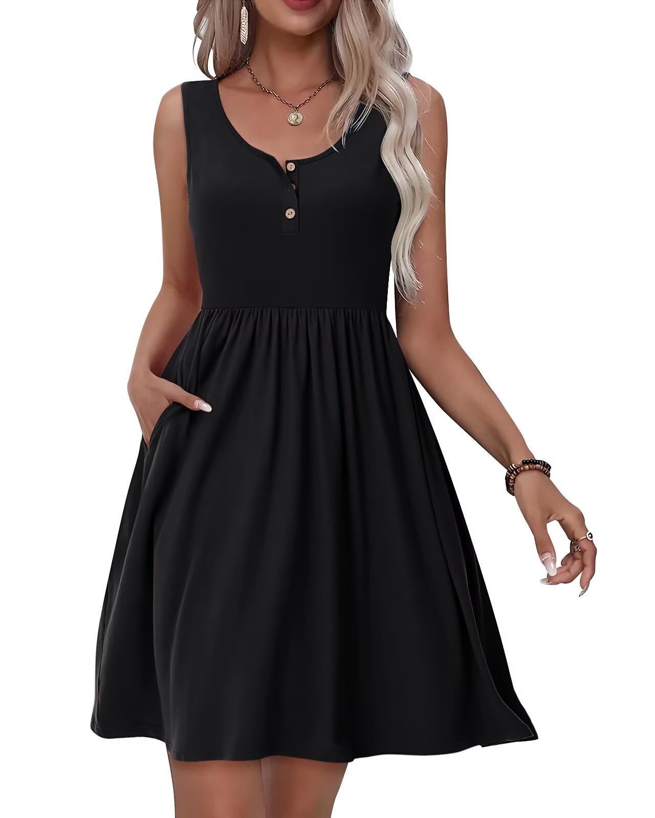 Tanmolo Kleid Damen Sommer Knielang Freizeitkleider Knopf Tank Kleid Mit Taschen Elastic Dress