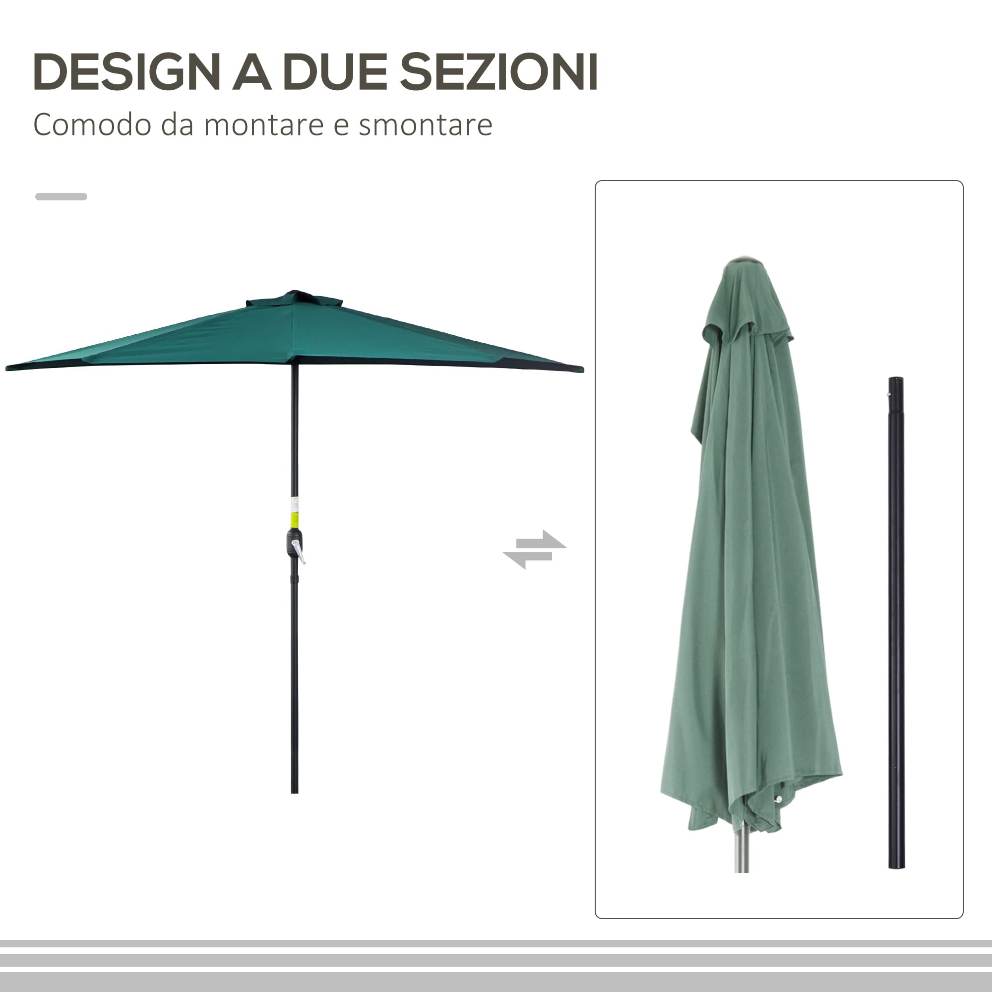 Outsunny Ombrellone Mezzaluna da Parete e Muro 2.7 x 1.4 m per Patio e Balcone, Ombrellone da Giardino in Poliestere con Apertura a Manovella e 5 Stecche, a Semicerchio con Palo a 2 Sezioni