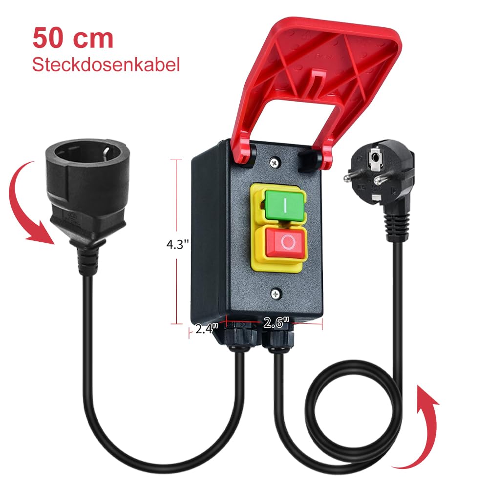 Eenfasige aan/uit-schakelaar, 230 V, noodstopschakelaar, veiligheidsschakelaar met stopcontact, machineschakelaar voor freestafel en andere elektrische apparaten Eenfasige aan/uit-schakelaar, 230 V, noodstopschakelaar, veiligheidsschakelaar met stopcontact, machineschakelaar voor freestafel en andere elektrische apparaten