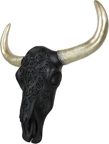 Miniatura 6 de Ebros Gift Black and Gold Tribal Floral Vines Tattoo Tooled Filigrana Steer Bull Cow Skull Head with Horns Wall Mount Decor Artistic Native Animal