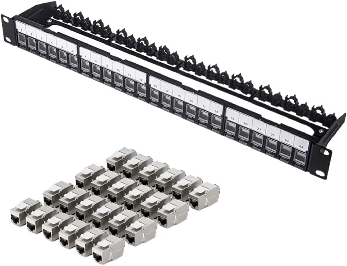 Rack-mountable or wall-mountable 24-port shielded patch panel, 1U 19-inch(With Cat6 Coupler)