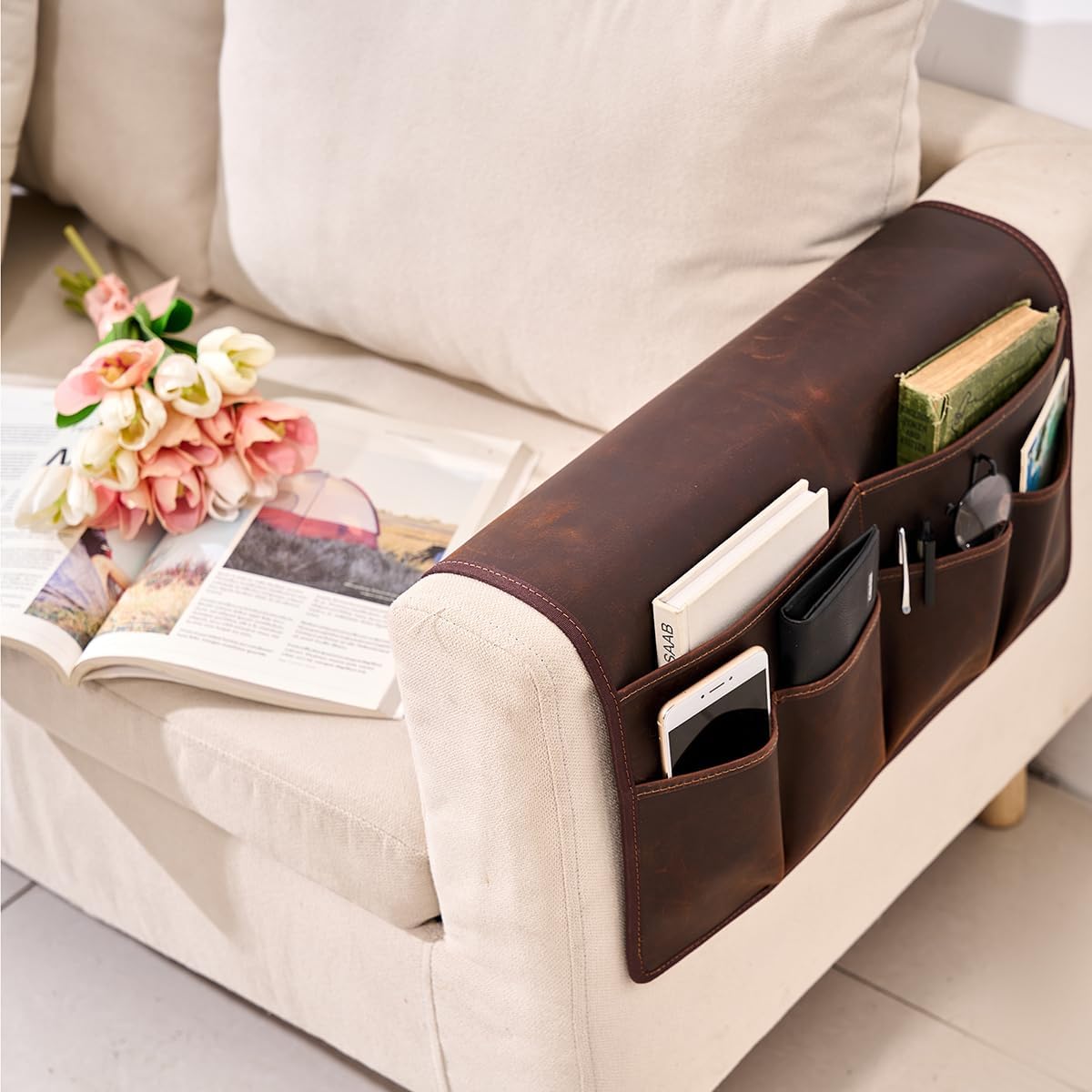 EURYNOME Sofa Armrest Genuine Leather Storage Bag,Anti-Slip Sofa Organizer Pouch for Remote Control,Phone,ipad,Magazine,etc