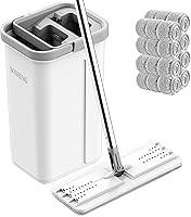 Vista 10 de Juego de trapeador y balde con escurridor, trapeador plano de piso sin manos y cubeta, incluye 5 almohadillas de microfibra lavables, uso húmedo