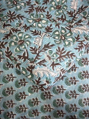 Image of Jaipur Floral Print Hand Block Printed Fabric by The Yard - Soft Cotton Material with Floral Design, Aqua and Brown - Ideal for Sewing, Quilting, Dressmaking, and Home Decor (7 Meter)
