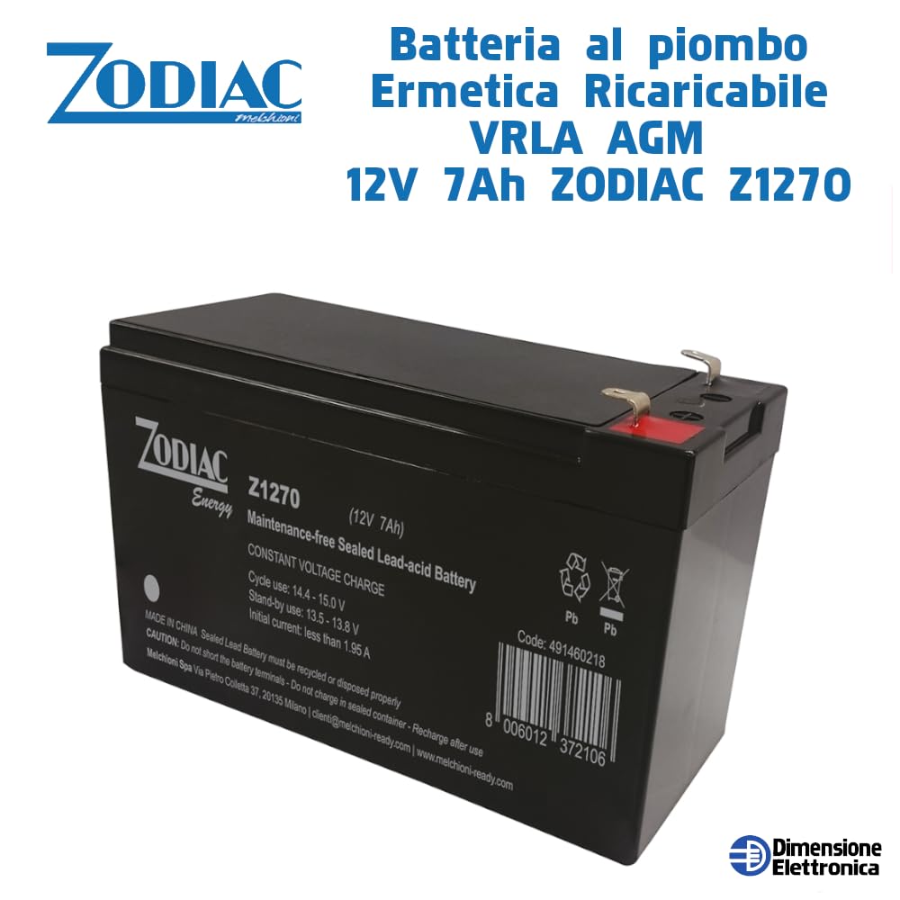 Batteria al Piombo Ermetica Ricaricabile 12V 7Ah Uso Tampone e Ciclico 151x65x93.5 per Luci di Emergenza Uso Industriale Sistemi di Sicurezza UPS Nessuna Manutenzione by Dimensione Elettronica S.R.L.