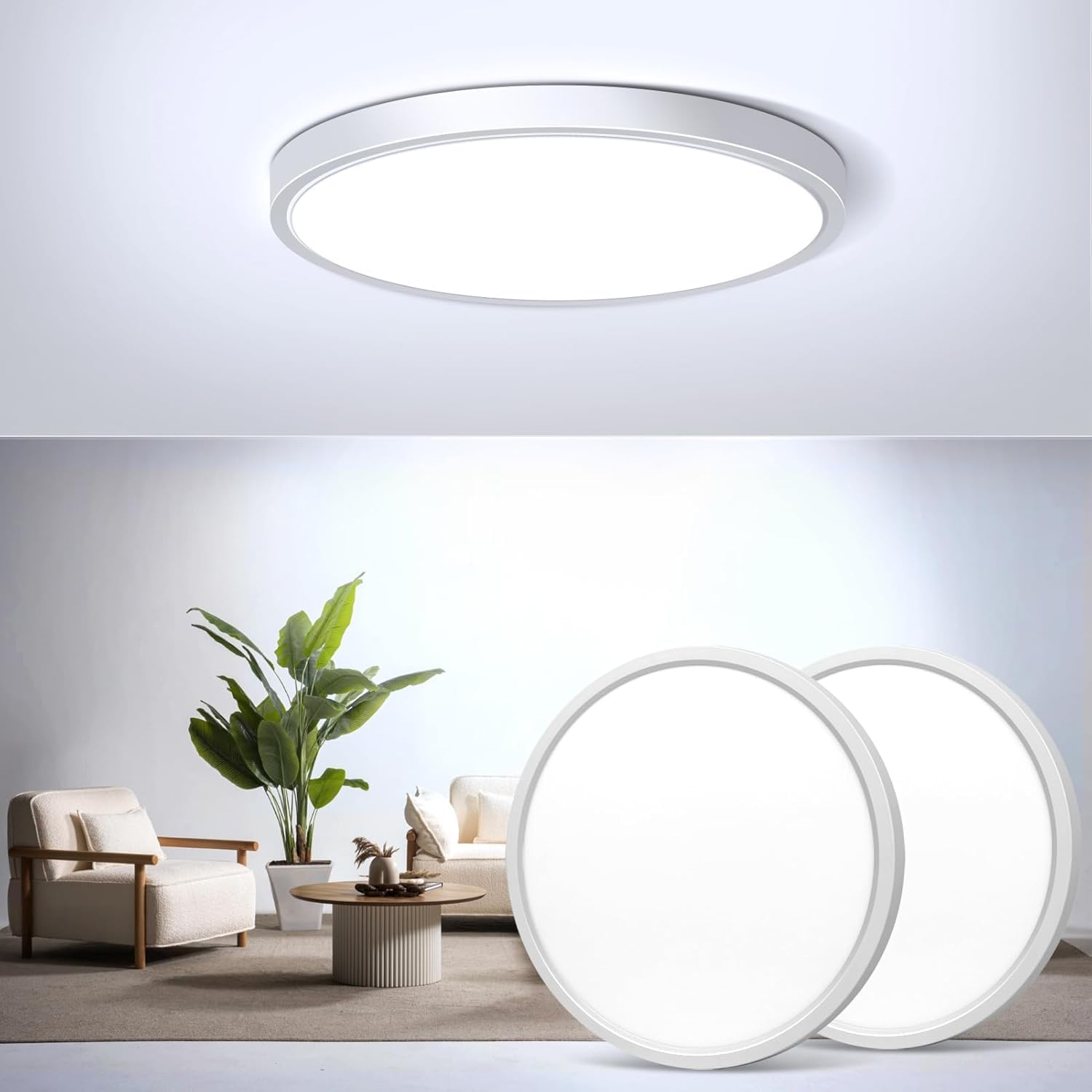 2-Pack LED Flush Mount Ceiling Light, 4000K Natural White Bathroom Light, 1500LM, Flat Modern Round Lighting, 7in/18cm 120W Equivalent White Ceiling Lamp for Kitchens, Bedrooms, Hallway.etc — image 1