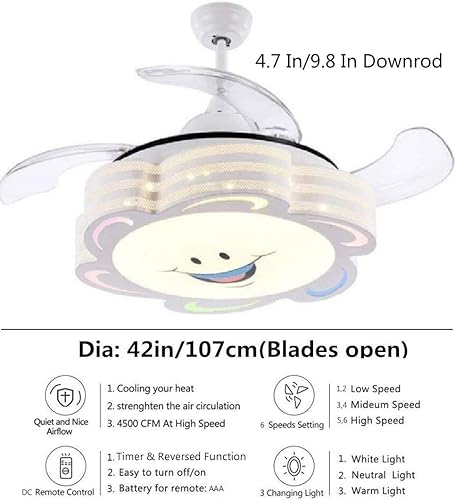 Miniatura 4 de Ventiladores de techo retráctiles de 42 pulgadas con control remoto de luz LED, 4 cuchillas invisibles de ABS transparente, para sala de estar,