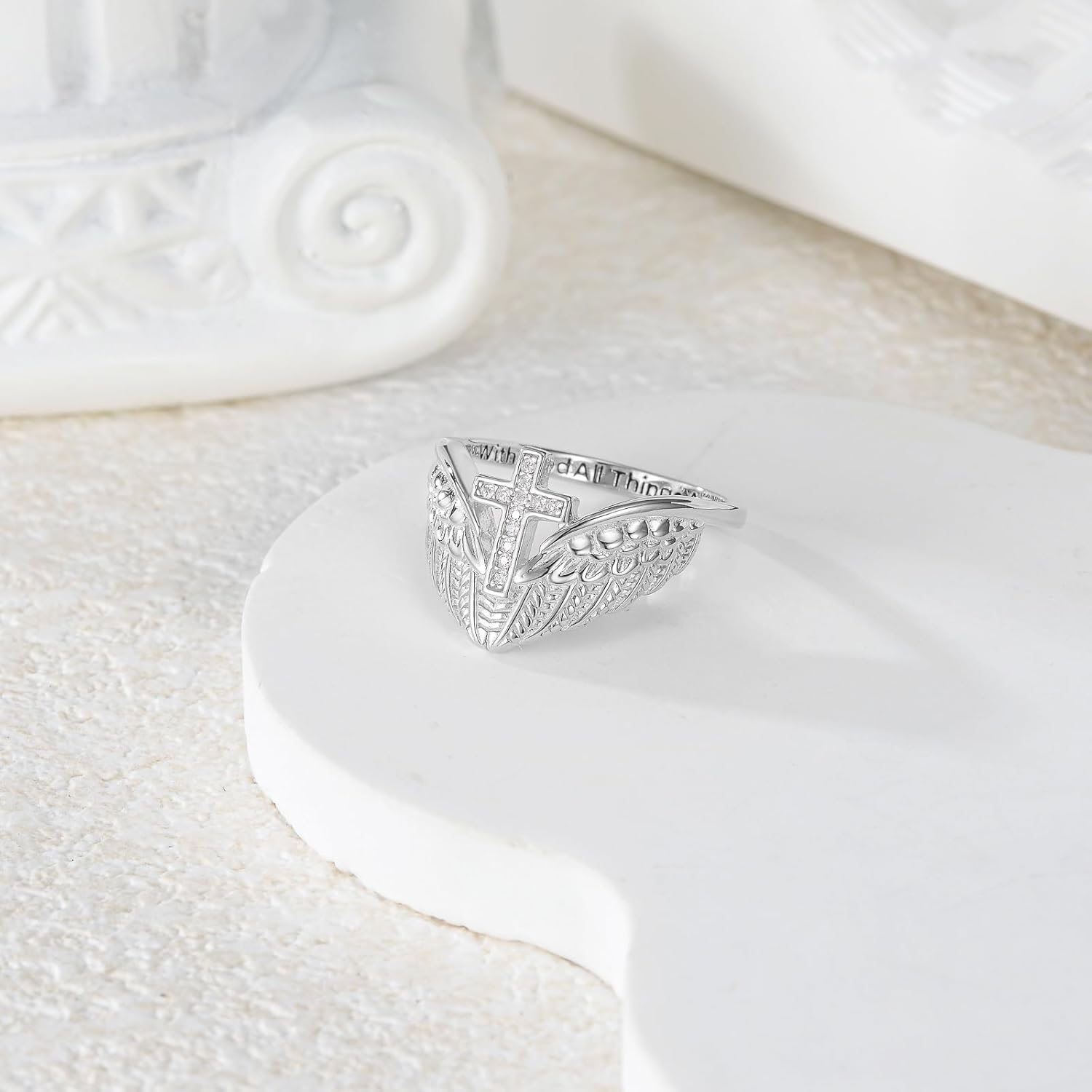 PEIMKO Baptism Gifts Cross Angel Wings Ring in 925 Sterling Silver Moissanite Ring Faith Hope Religious Jewelry White Gold With God All Things Are Possible Size 6-10