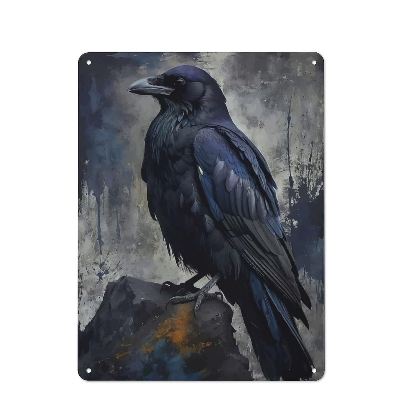 Junmoney Raven Perched On Rock Digital Art Retro Tin Wall Plaque 40X30cm For Home Office Or Studio, Wall Decoration For Home Offices And Studios