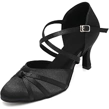 Ballroom Salsa Dance Shoes for Women Latin Satin Closed Toe Dancing Heels 3 Inch Heel Suede Sole