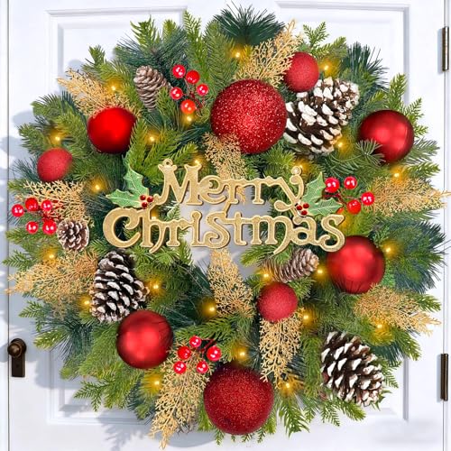 Thick & Timer 16 Inch 40 LED Christmas Wreaths for Front Door Prelit Christmas Wreath with Lights...