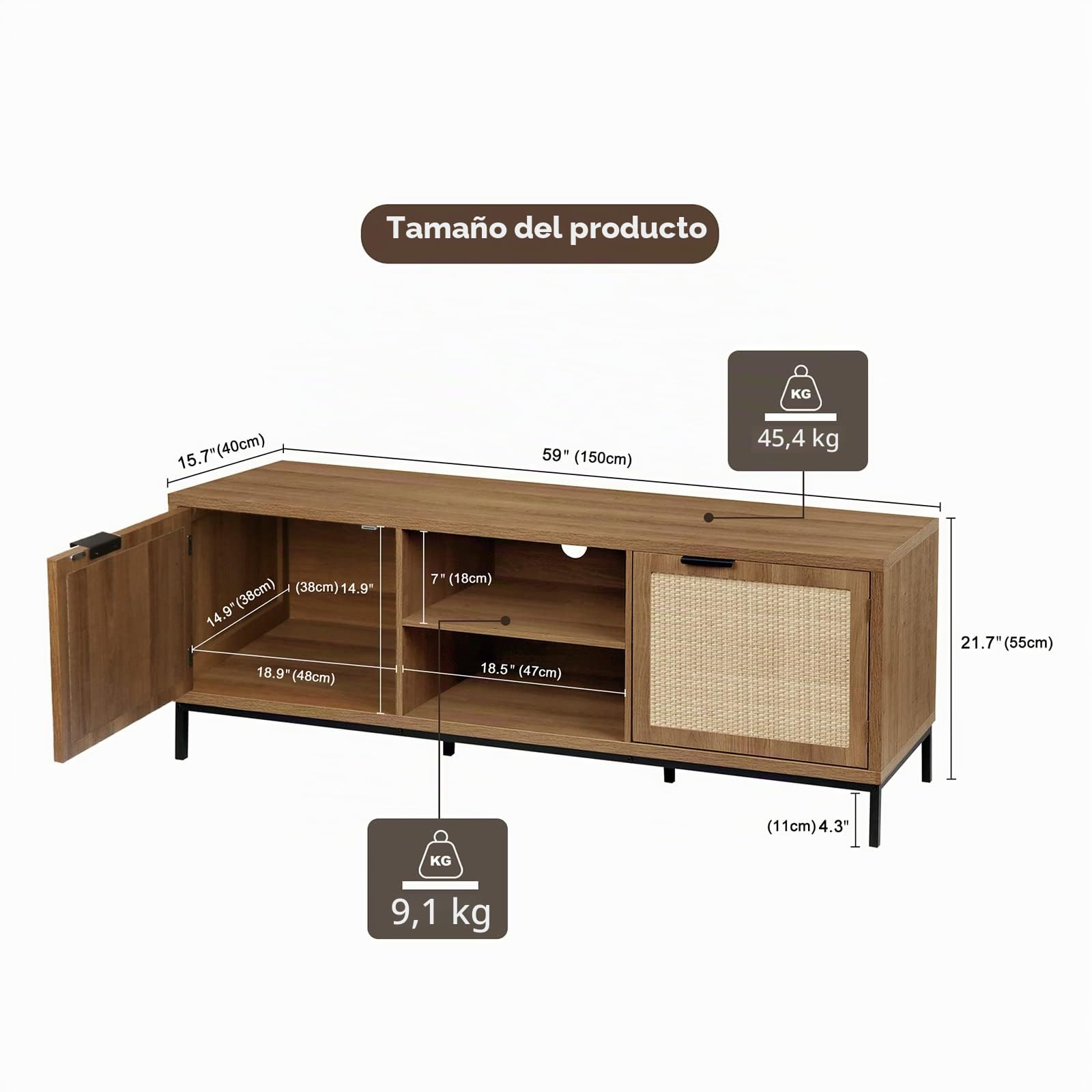 Mueble de TV 150cm de 2 Rattan Puertas, Muebles de Salon Modernos y 2 Estantes Abiertos, Mesa de TV para Televisores de hasta 65 Pulgadas, para Salón, Comedor, Dormitorio