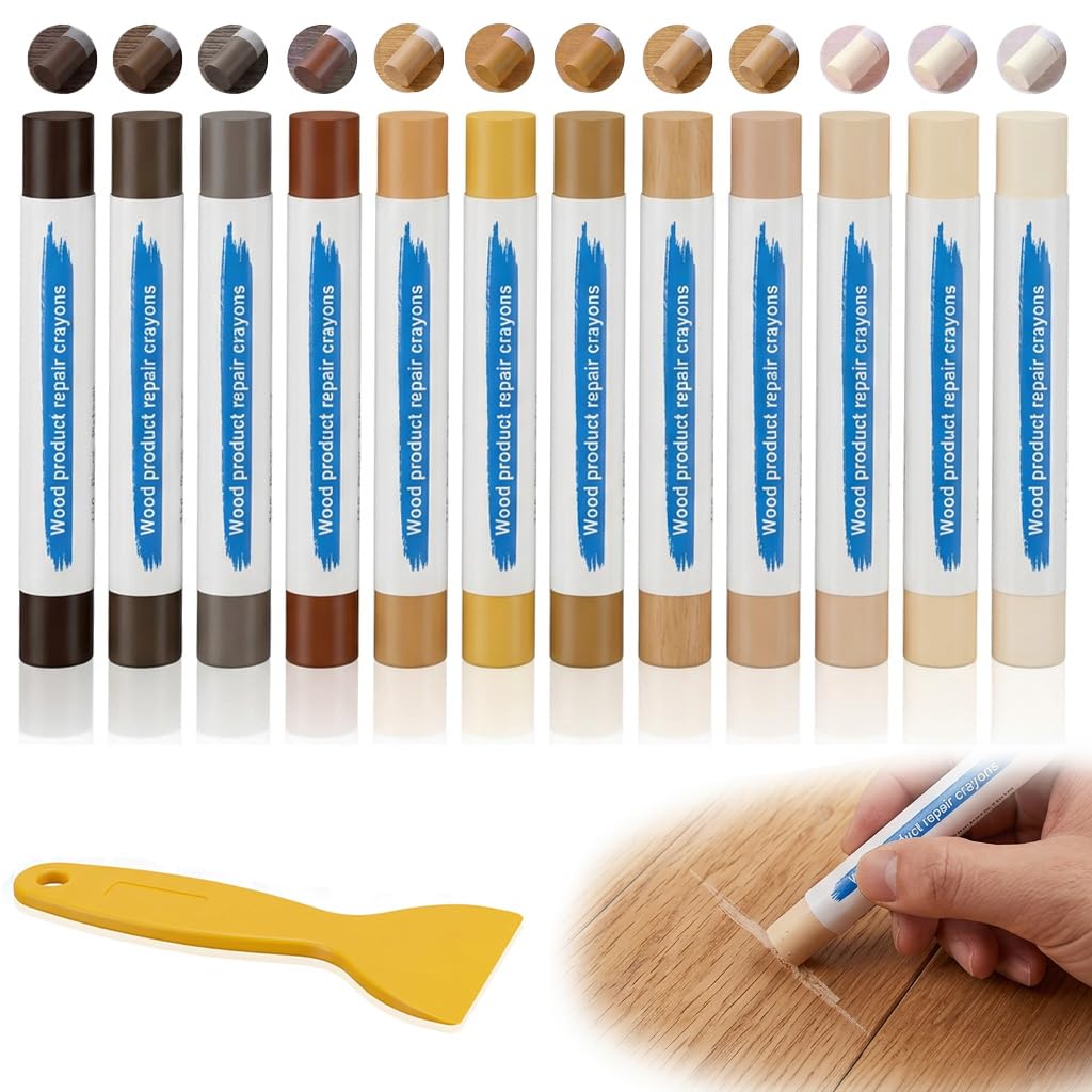 Wax Filler Wood Repair Sticks, Wax Sticks for Wood Repair, Laminate Floor Repairs Kit, Soft Repairs Crayons for Wooden Furniture Laminate Floor Table Door Scratches Holes (Natural Wood Series-12PCS)