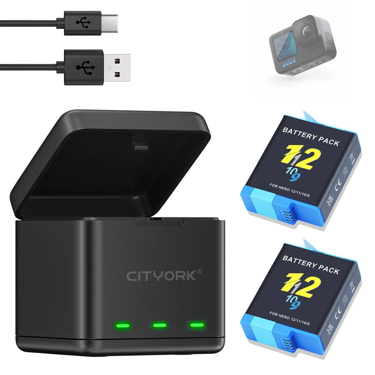 CITYORK Lot de 2 chargeurs de batterie pour GoPro Hero 12 Hero 11/10/9 noir avec câble USB et emplacements de type C à trois canaux avec affichage LED (1 chargeur + 2 batteries)