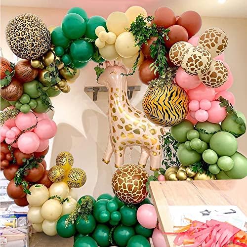 Balloon Arch Kit Jungle Safari,Sage Green Balloon Garland Kit Safari Party Decorations,Pink Green Apricot Coffee Metallic Gold Balloon Pack for Baby Shower Birthday Wedding Safari Theme Party Decor