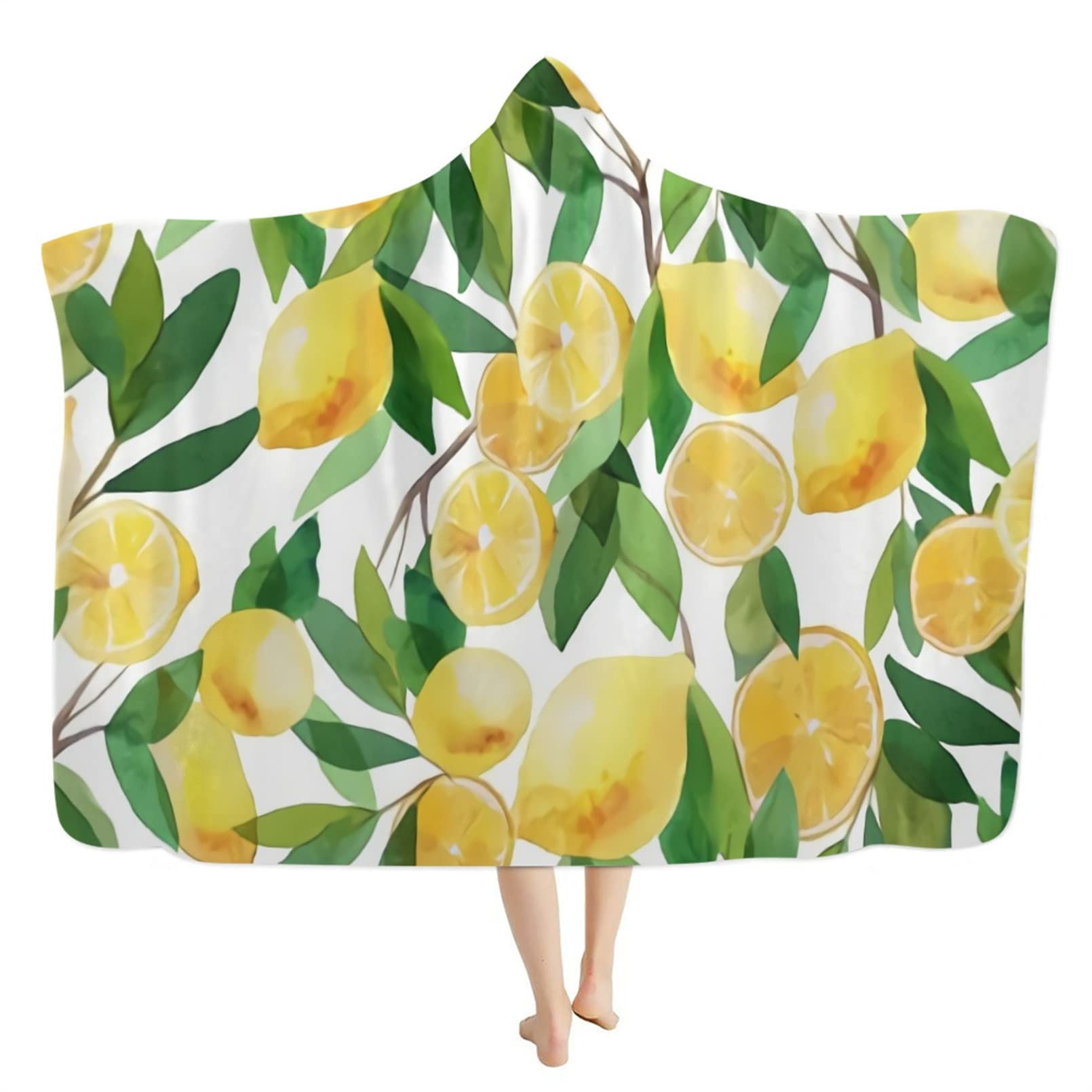Renewold Coperta con cappuccio in peluche alla moda al limone, coperta da viaggio, calda e accogliente in pile Sherpa con cappuccio, coperta da viaggio