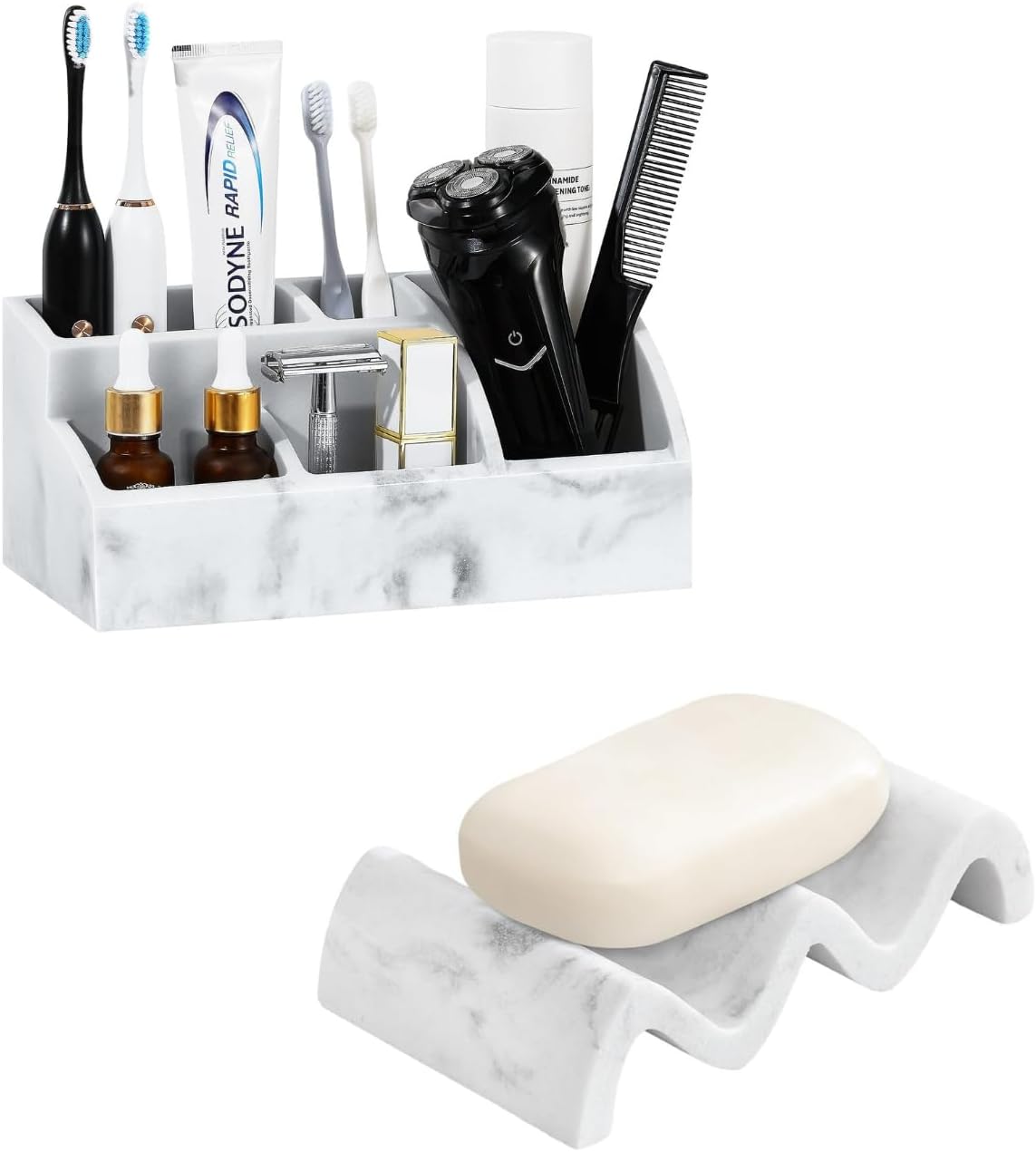 Luxspire Toothbrush Holder for Bathroom 5 Slot + Soap Dish, Marble White