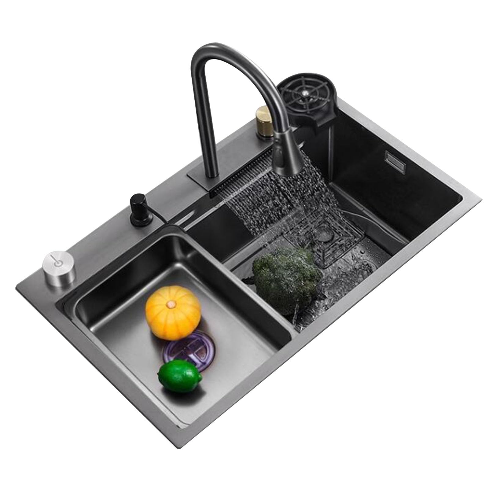 Fregadero para lavar verduras con grifo de la cascada y cubeta de acero inoxidable