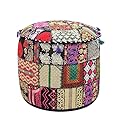 COTTON CRAFT Sari Patchwork Pouf - Embroidered Embellished Ottoman Foot Stool Bean Bag - Boho Eclectic Versatile Vintage Bedroom Dorm Accent Seating - Prefilled 17 Hx19 Round - Ember Black Multicolor