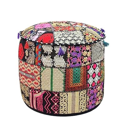 COTTON CRAFT Sari Patchwork Pouf - Embroidered Embellished Ottoman Foot Stool Bean Bag - Boho Eclectic Versatile Vintage Bedroom Dorm Accent Seating - Prefilled 17 Hx19 Round - Ember Black Multicolor