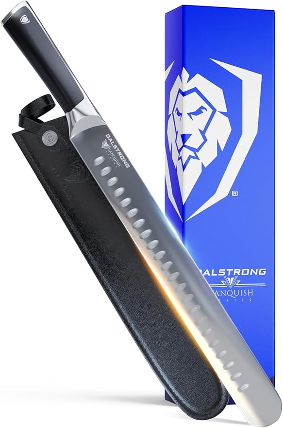 Dalstrong Vanquish 12 inch slicing and carving knife with black pom handle