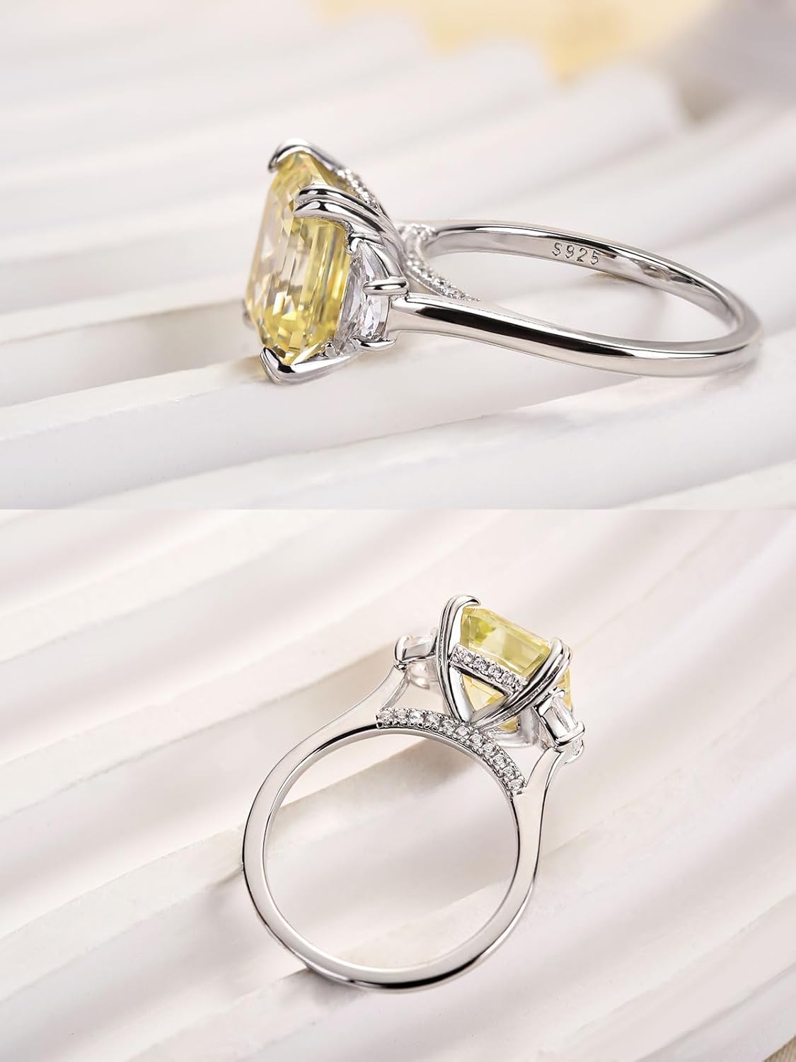 4.5ct Canary Yellow/Emerald Green Engagement Ring for Women,Two-Tone Asscher Cut Three Stone Promise Ring in 925 Sterling Silver - Image 7