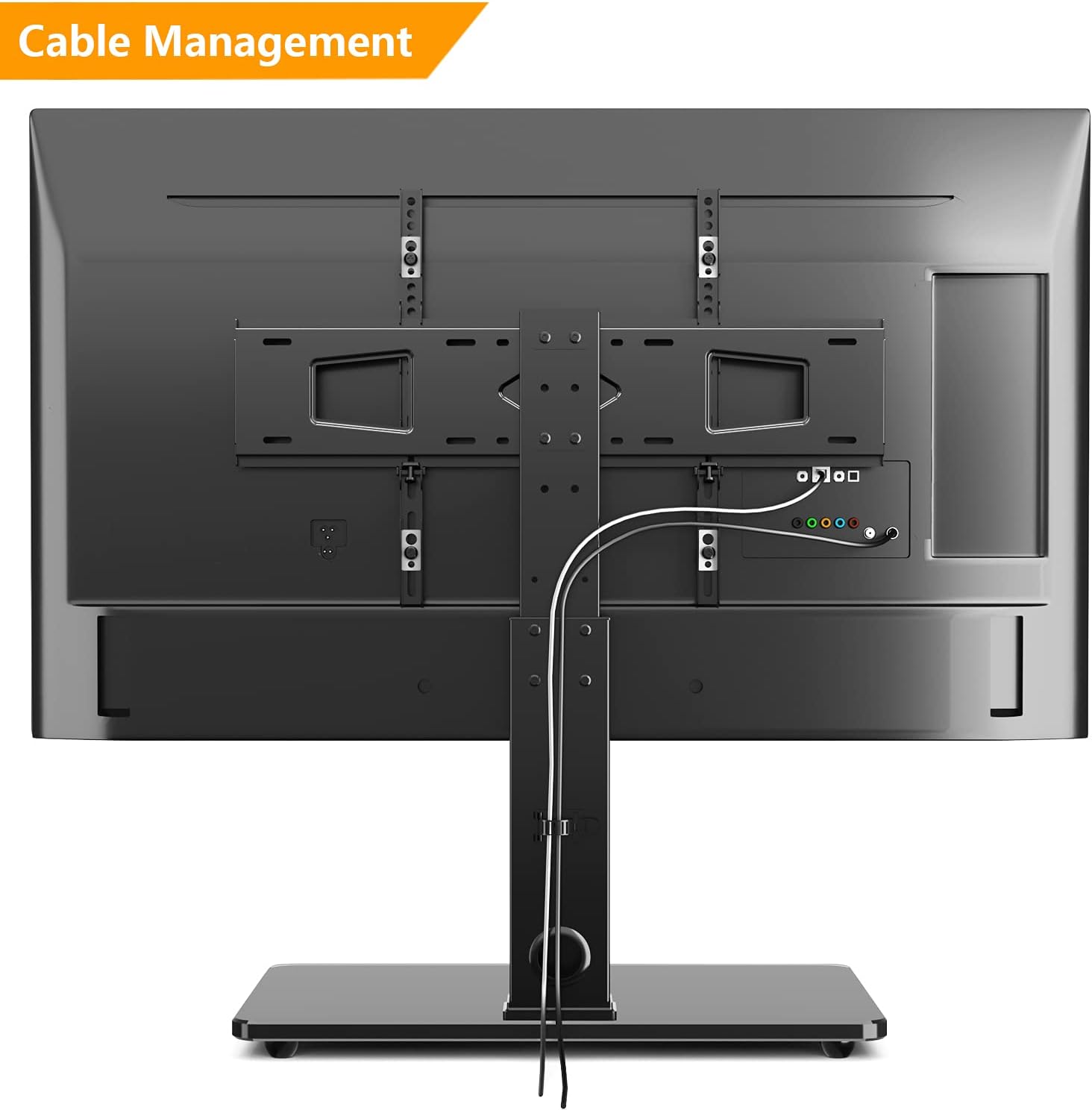Rear view of TV stand showing cables routed through the central pole