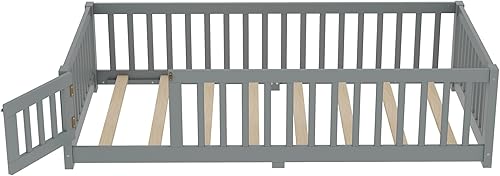 Miniatura 6 de Harper & Bright Designs Base de cama individual con valla alta de seguridad, cama Montessori de madera con puerta, camas de piso de tamaño